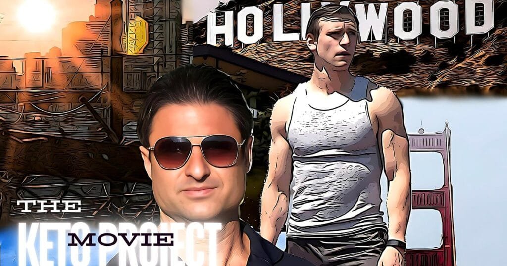 A stylized graphic featuring a man in sunglasses and a tank top, with a Hollywood sign and the Golden Gate Bridge in the background.