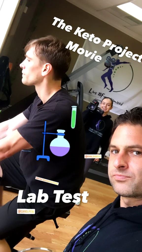 A person filming another individual who is exercising, with a science-themed graphic overlay.