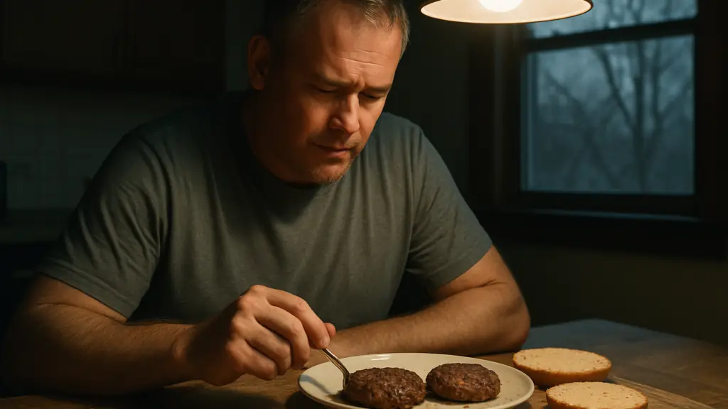 A man in a home kitchen looks down at two bare beef patties with a bun pushed aside. (AI-generated image)