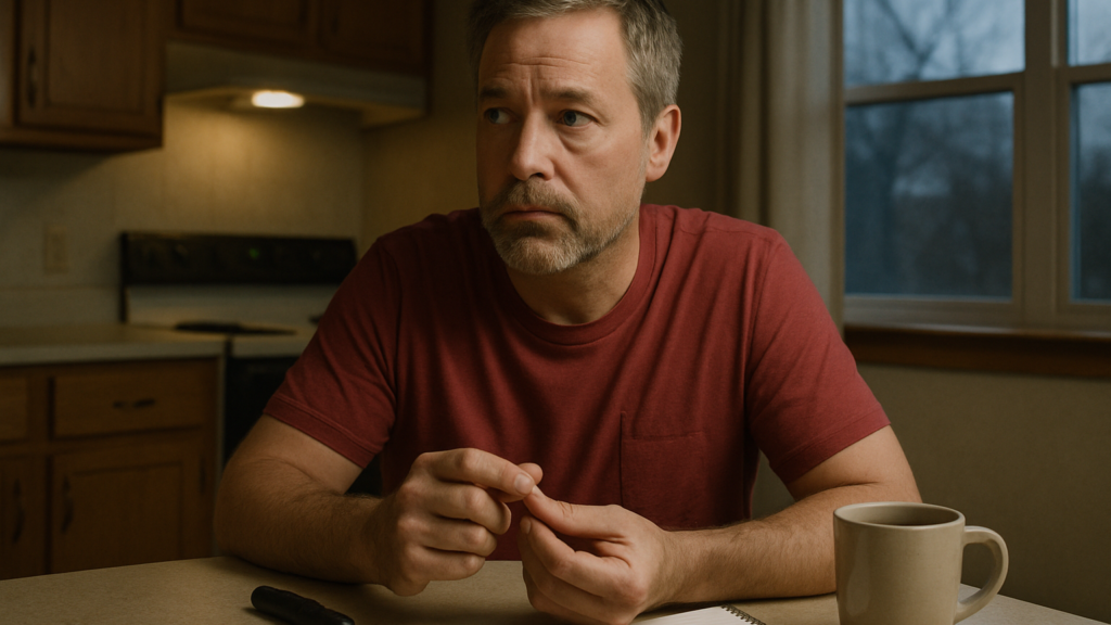 A middle-aged man at a kitchen table at dawn waiting after a finger-prick blood test. (AI-generated image)
