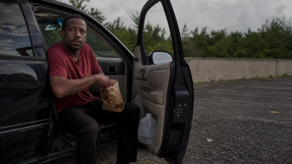 A lean man in his forties pauses over a paper sack of plain burger patties in a hot parking lot. (AI-generated image)