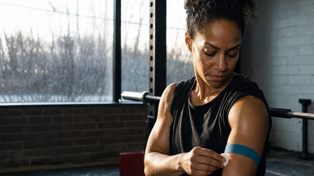 An athletic woman presses cotton to her inner elbow after a blood draw in a small gym at dawn. (AI-generated image)